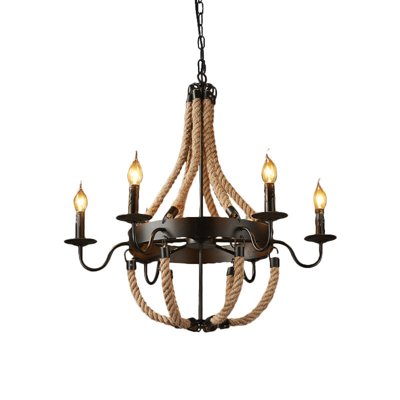 Rustic Black Metal Candelabra Pendant Chandelier - 6-Light Rope Hanging Ceiling Light With