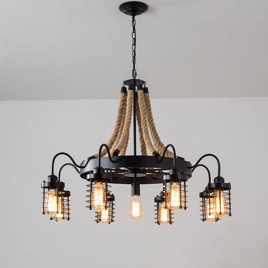 Rustic Black Metal Chandelier With 7/9 Cylinder Cage Heads And Rope Suspension