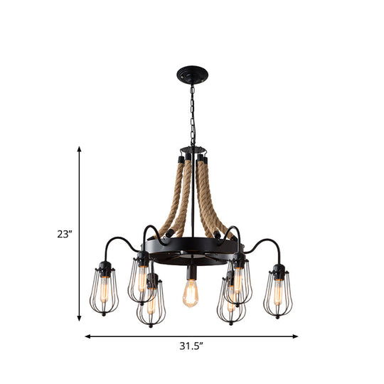 Farm Style Wheel Design Rope Chandelier With Bulb Cage - Black Metallic Pendant Light Fixture (9/13