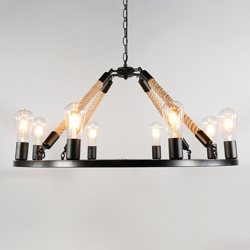 Industrial Metal Chandelier: Open Bulb 6/8-Light Rope Pendant Lamp Black With Ring Design - Dining