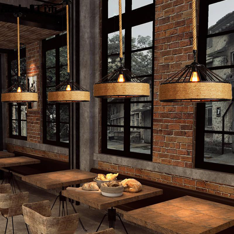 Farmhouse Black Rope Pendant Light Kit - Cone Cage Iron Lamp For Dining Room 3 Sizes Available