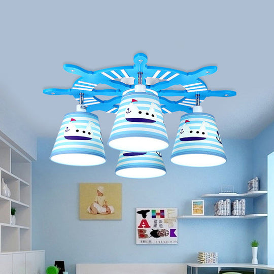 Nautical Semi - Flush Ceiling Light With 4 Wood Lights In Blue For Foyer
