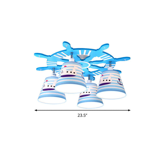 Nautical Semi - Flush Ceiling Light With 4 Wood Lights In Blue For Foyer