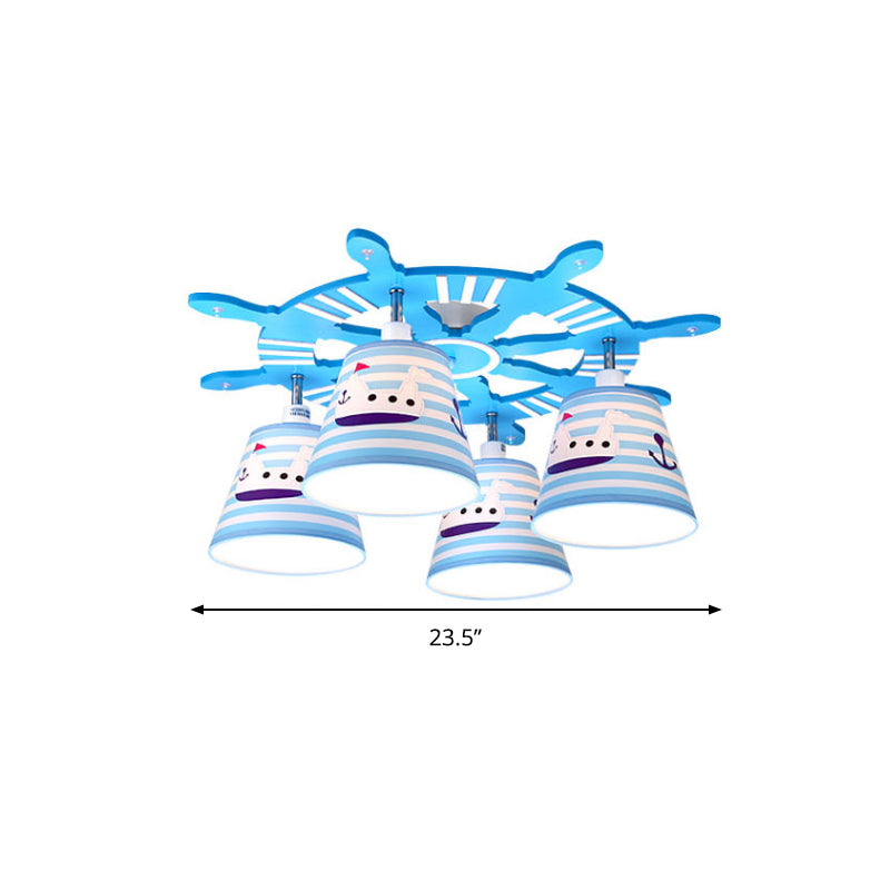 Nautical Semi-Flush Ceiling Light With 4 Wood Lights In Blue For Foyer