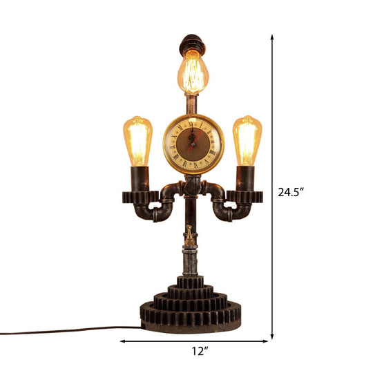 Vintage Metal Bedroom Table Lamp With Gear Design Clock And 3-Light Black Standing Lighting