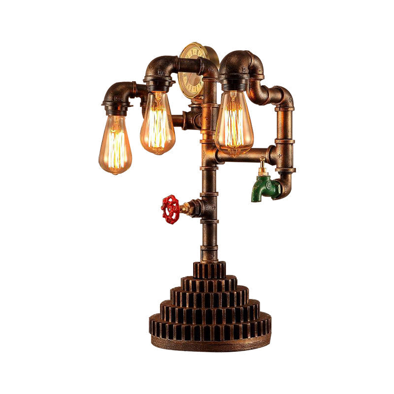 Steampunk Wrought Iron Standing Light - Vintage 3-Light Living Room Table Lamp In Bronze