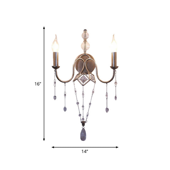 Silver Rustic Metal Candle Wall Sconce With Crystal Bracelet Décor - 2 Head Living Room Lighting