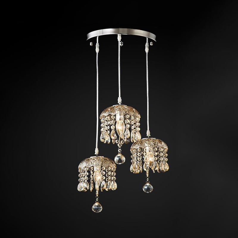 Sleek Crystal Pendant Lighting Fixture With Cascade Design And Satin Nickel Finish - Ideal For