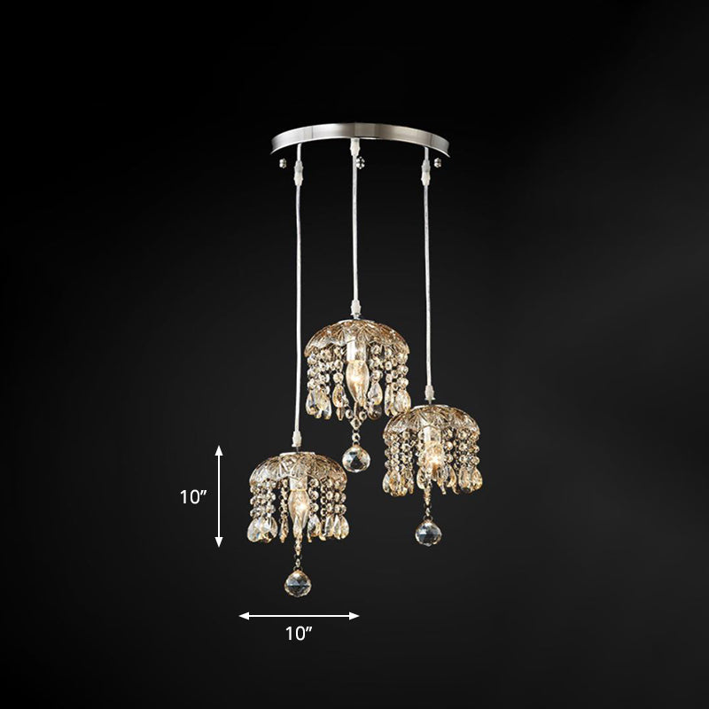 Satin Nickel Crystal Pendant Lamp For Restaurant With Cascade Design - 3 Heads