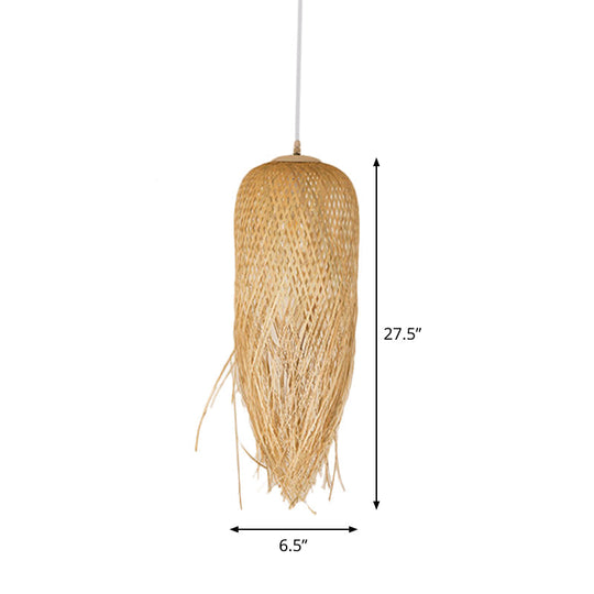 Rustic Rattan Fringe Pendant Light - Beige Single-Bulb Dining Room Hanging Lamp In 6’/10’/18’ Width