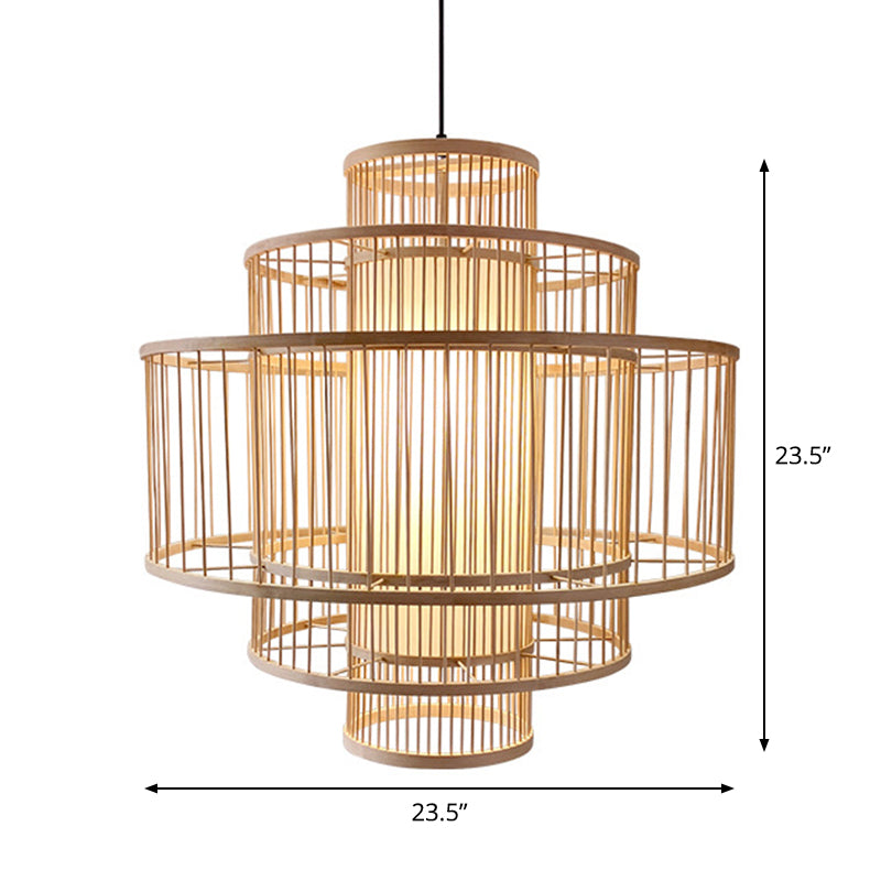 Bamboo 3-Shade Hanging Light: Asian Ceiling Pendant (1 Head) In Beige Available 16/23.5/31.5 Width
