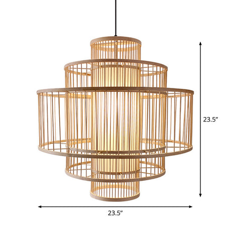 Bamboo 3-Shade Hanging Light: Asian Ceiling Pendant (1 Head) In Beige Available 16/23.5/31.5 Width