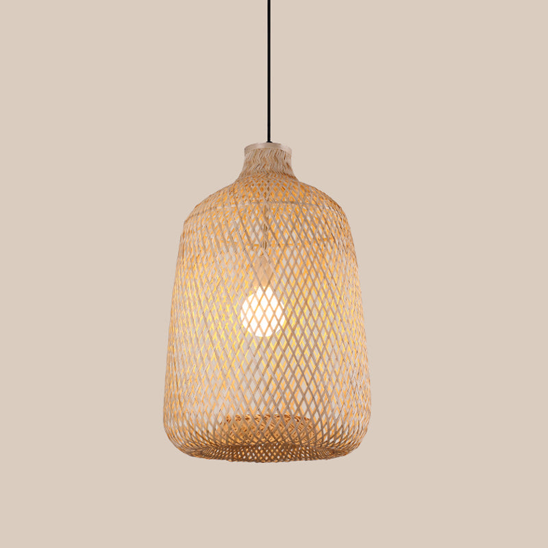 Asia Bamboo Pendant Lamp - 1-Light Beige Suspended Fixture For Dining Room
