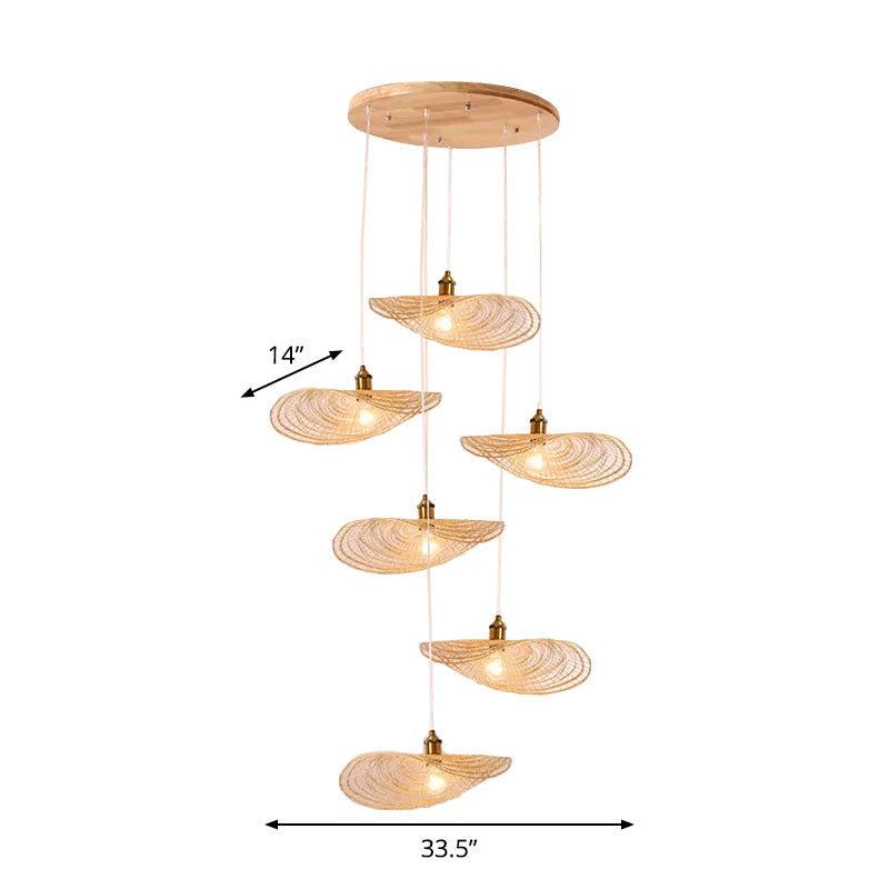 Chinese Style Lotus Leaf Pendant Light With Bamboo Shade - 1/3/6-Light Beige 14’/16.5’/19.5’ Wide