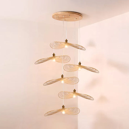 Chinese Style Lotus Leaf Pendant Light With Bamboo Shade - 1/3/6-Light Beige 14’/16.5’/19.5’