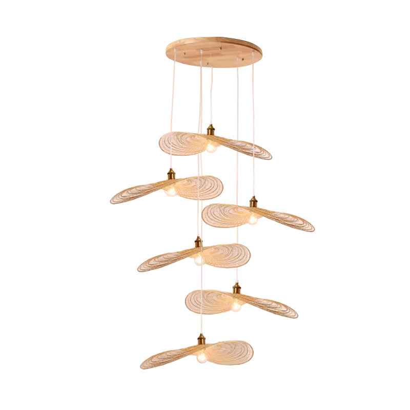 Chinese Style Lotus Leaf Pendant Light With Bamboo Shade - 1/3/6-Light Beige 14’/16.5’/19.5’ Wide