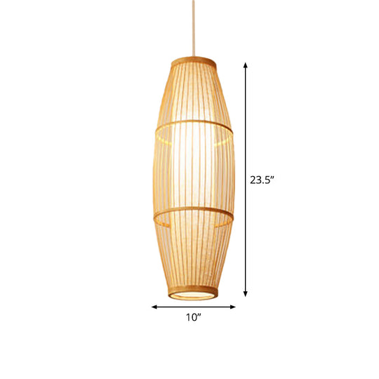 Asian Bamboo Hanging Pendant Light - Elliptical Design Beige 1 Bulb Perfect For Living Room