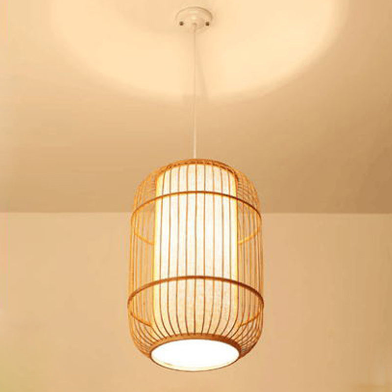Asian Bamboo Hanging Pendant Light - Elliptical Design Beige 1 Bulb Perfect For Living Room