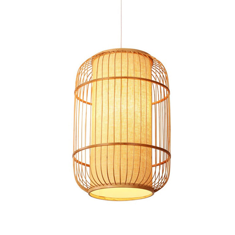 Asian Bamboo Hanging Pendant Light - Elliptical Design Beige 1 Bulb Perfect For Living Room