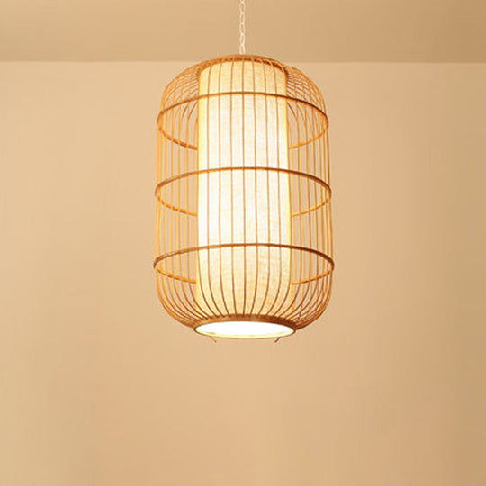 Asian Bamboo Hanging Pendant Light - Elliptical Design Beige 1 Bulb Perfect For Living Room