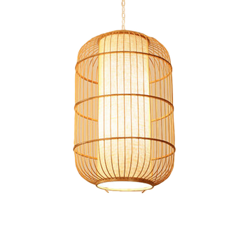 Asian Bamboo Hanging Pendant Light - Elliptical Design Beige 1 Bulb Perfect For Living Room