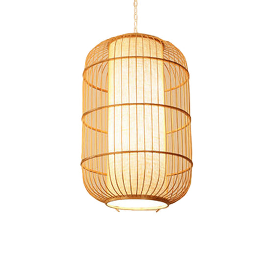 Asian Bamboo Hanging Pendant Light - Elliptical Design Beige 1 Bulb Perfect For Living Room