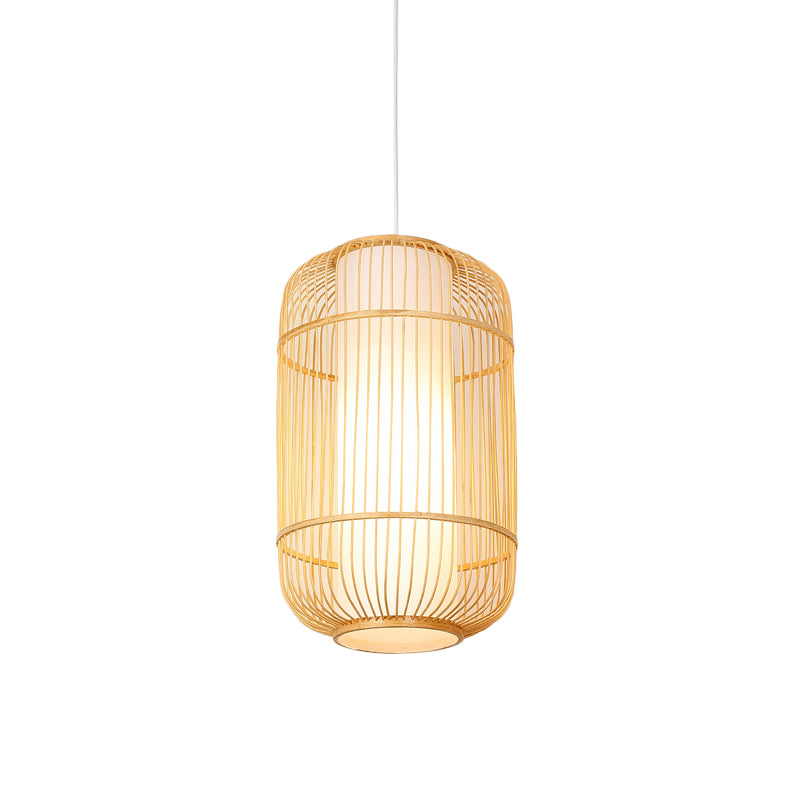 Asian Style Bamboo Pendant With Diamond Drum And Barrel Drops - 1-Light Hanging Light Kit For