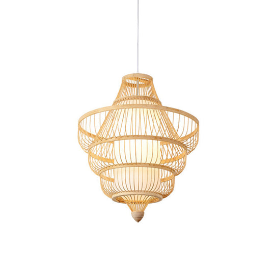 Asian Style Bamboo Pendant With Diamond Drum And Barrel Drops - 1-Light Hanging Light Kit For