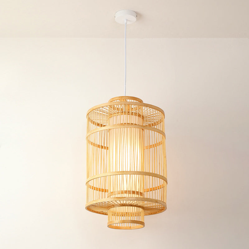 Asian Style Bamboo Pendant With Diamond Drum And Barrel Drops - 1-Light Hanging Light Kit For
