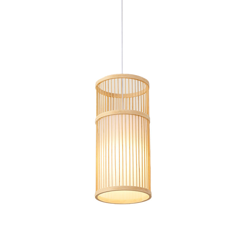 Asian Style Bamboo Pendant With Diamond Drum And Barrel Drops - 1-Light Hanging Light Kit For
