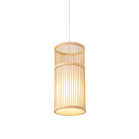 Asian Style Bamboo Pendant With Diamond Drum And Barrel Drops - 1-Light Hanging Light Kit For