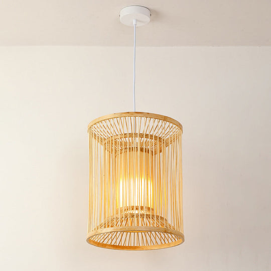 Asian Style Bamboo Pendant With Diamond Drum And Barrel Drops - 1-Light Hanging Light Kit For