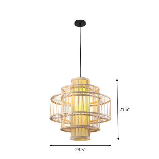 Bamboo Cylinder Pendant Light - Japanese Style Ceiling Lamp For Restaurants Beige