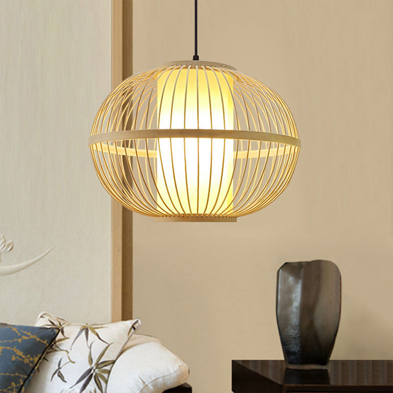 Asian Bamboo Oval Pendant Light With Inner Shade - 1-Light Beige 3 Size Options