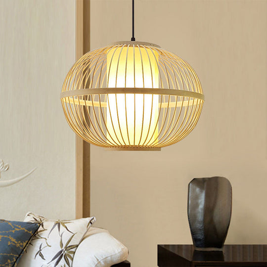 Asian Bamboo Oval Pendant Light With Inner Shade - 1-Light Beige 3 Size Options