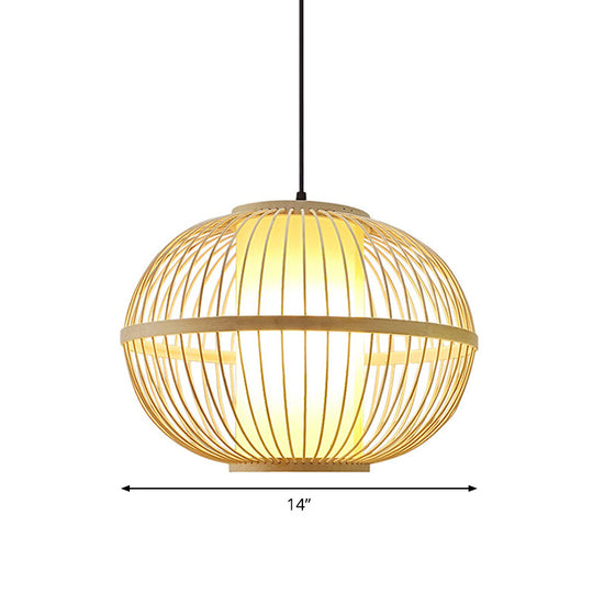 Asian Bamboo Oval Pendant Light With Inner Shade - 1-Light Beige 3 Size Options