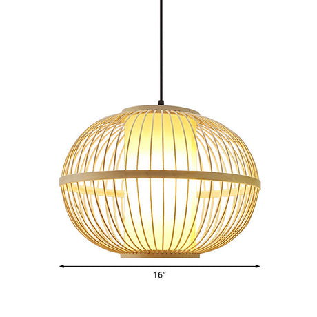 Asian Bamboo 1-Light Beige Pendant Light Fixture - Oval Suspension Lighting Inner Shade 14/16/23.5