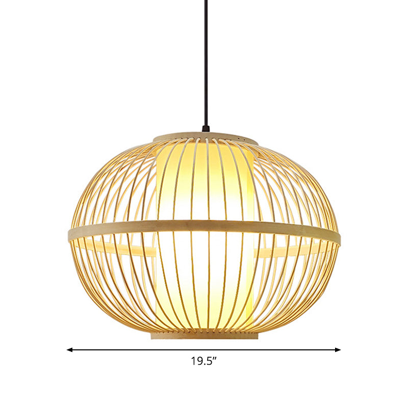 Asian Bamboo Oval Pendant Light With Inner Shade - 1-Light Beige 3 Size Options