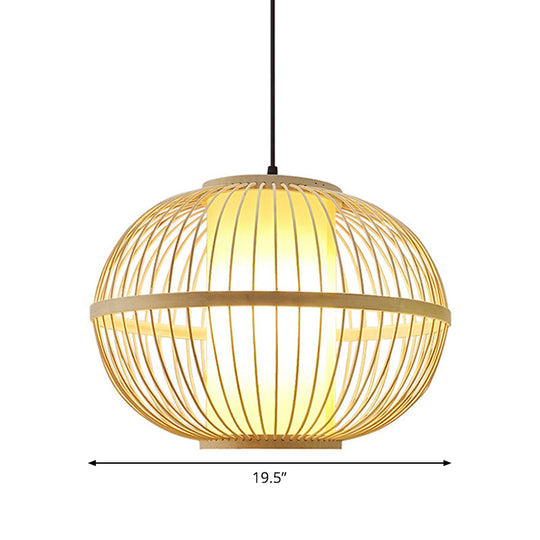 Asian Bamboo Oval Pendant Light With Inner Shade - 1-Light Beige 3 Size Options