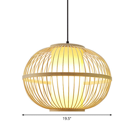 Asian Bamboo 1-Light Beige Pendant Light Fixture - Oval Suspension Lighting Inner Shade 14/16/23.5