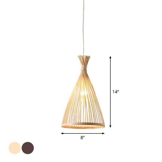 Japanese Style Wood Funnel Pendant Light - 1 Head 8’/10’/12’ Wide Ceiling Hang Lamp In Beige/Coffee
