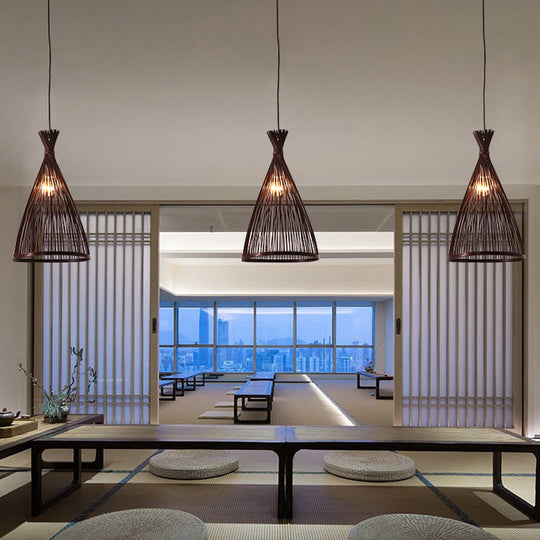 Japanese Style Funnel Pendant Light - Wood 1 Head 8/10/12 Wide Beige/Coffee Ceiling Hang Lamp