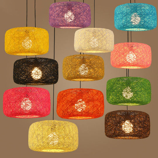 Rattan Weave Macaron Pendant Light: Red/Pink/Orange Drum Drop 1-Light Suspension For Bistro