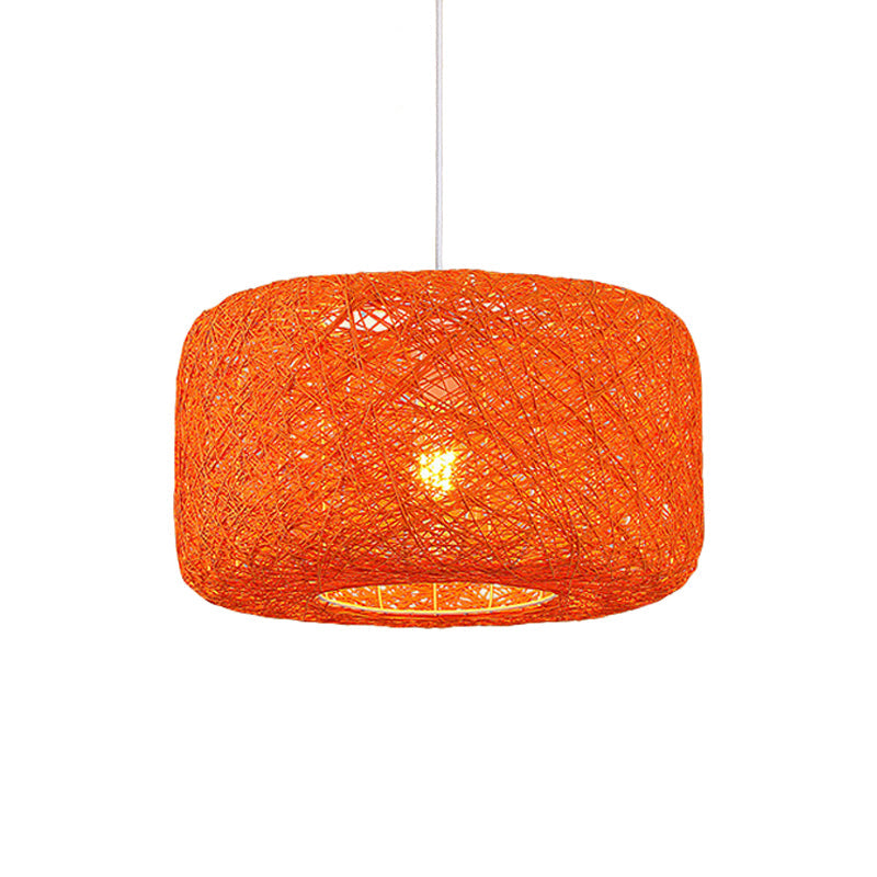 Rattan Weave Macaron Pendant Light: Red/Pink/Orange Drum Drop 1-Light Suspension For Bistro