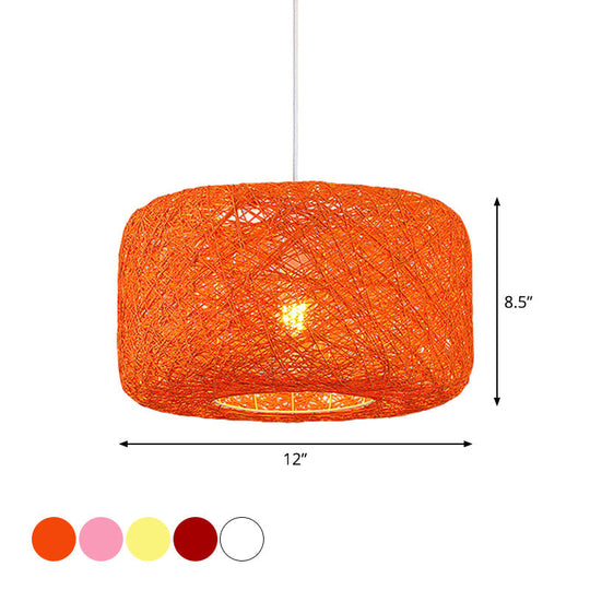 Rattan Weave Macaron Pendant Light: Red/Pink/Orange Drum Drop 1-Light Suspension For Bistro