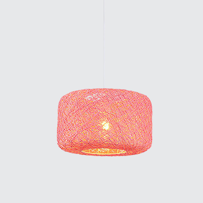 Rattan Weave Macaron Pendant Light: Red/Pink/Orange Drum Drop 1-Light Suspension For Bistro