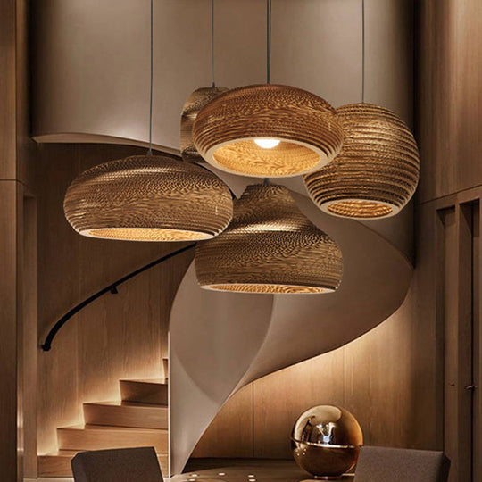 Rustic Brown Hanging Pendant Light Fixture For Dining Room - Globe/Oval/Vase Corrugated Paper Design