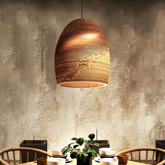 Rustic Brown Hanging Pendant Light Fixture For Dining Room - Globe/Oval/Vase Corrugated Paper Design
