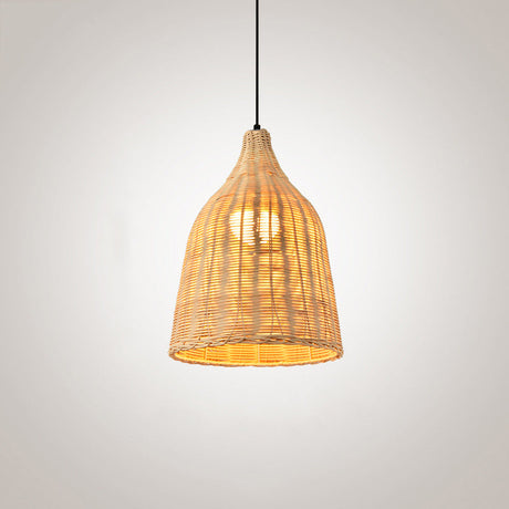 Asia Bamboo 1-Light Hand-Worked Bell Hanging Lamp - Beige Down Lighting Pendant For Restaurants