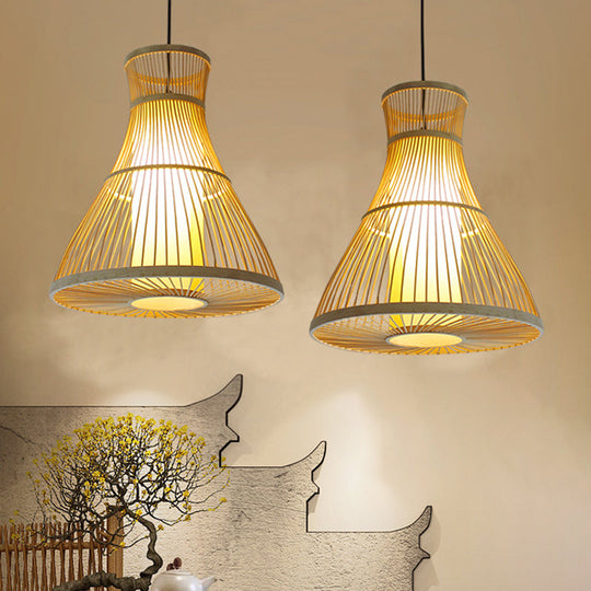 Asian Bamboo Tearoom Pendant Light - Funnel Shape Urn Design Single-Bulb Beige / B